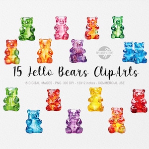 15 Jello Bears ClipArt, Jello Bears PNG, Jello Bears illustration, Watercolor Jellied Bears, Gummies Clipart, Gummies Illustration, Candy