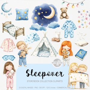 Op de afbeelding: Waterverfillustraties met een logeerpartijthema. Bevat een bed, pyjama's, een tipi, een teddybeer, een boek, een maan, sterren en kinderen. De tekst "Sleepover" wordt weergegeven in een scriptlettertype. De collectie is gelabeld als "Storybook Collection Cliparts".