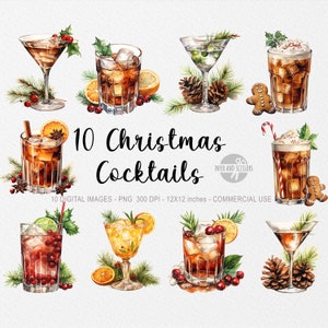 10 Christmas Cocktails ClipArt, Watercolor Christmas Cocktails PNG, Drinks Clipart, Alcohol PNG, Food Clipart, Christmas Drink, Orange,Lemon