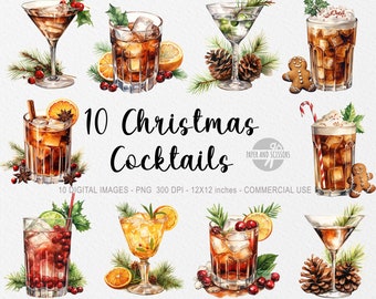 May include: Watercolor illustration of ten Christmas cocktails in various glasses, garnished with fruit, herbs, and festive decorations. The image includes text that reads "10 Christmas Cocktails".