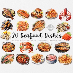 20 zeevruchten ClipArts, zeevruchten PNG, zeevruchten illustratie, aquarel zeevruchten gerechten, kreeft, garnalen, vis, oester, zalm, Instant Download