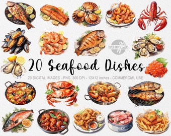 May include: 20 digital watercolor illustrations of various seafood dishes. The images include grilled fish, shrimp, crab, oysters, mussels, and more. Each image is 12x12 inches and 300 DPI.