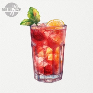 May include: A tall glass filled with a red beverage with ice cubes and a lemon wedge. A strawberry is visible in the drink. A sprig of green mint is on the rim of the glass.