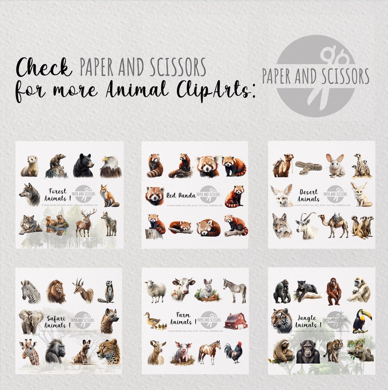 Puede incluir: Una colecci&oacute;n de ilustraciones de animales de acuarela. Las ilustraciones est&aacute;n organizadas en categor&iacute;as: Animales del bosque 1, Panda rojo, Animales del desierto, Animales de safari 1, Animales de granja y Animales de la jungla 1. Cada categor&iacute;a presenta una variedad de animales, incluyendo un lobo, un ciervo, un panda rojo, un camello, un le&oacute;n, una jirafa, un cerdo y un tigre.