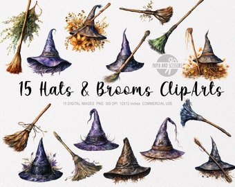 15 Witch Hats & Brooms ClipArt, Witch PNG, Witch ClipArt, Witch Broom PNG, Halloween Clipart, Halloween Bundle, Halloween PNG, Broom, Magic