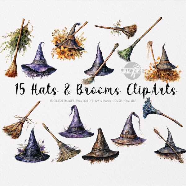 15 Witch Hats & Brooms ClipArt, Witch PNG, Witch ClipArt, Witch Broom PNG, Halloween Clipart, Halloween Bundle, Halloween PNG, Broom, Magic