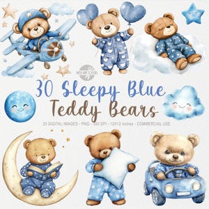 30 Baby Blue Sleepy Teddy Bear Watercolor Clipart, Teddy Bear PNG, Blue Teddy Bear illustration,Nursery Decor, Boy Baby Shower,Baby Birthday