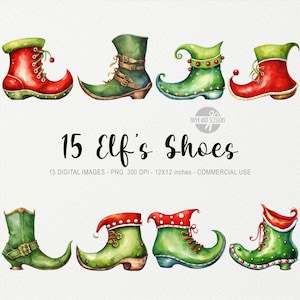 15 Elf Schoenen ClipArt, Elf Schoen PNG, Aquarel Elf Schoen, Kerstbundel, Vakantie ClipArt, Elf PNG, Gnome Png, Dwerg Png, Winter, Cadeau, Hulst