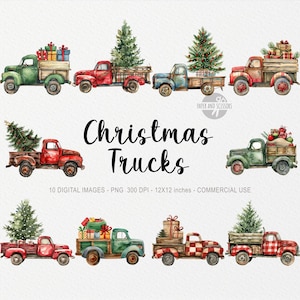 10 Christmas Truck ClipArts, Old Farm Truck PNG, Choinka, Prezenty, Sublimacja świąteczna, Ilustracja akwarelowa, Natychmiastowe pobieranie