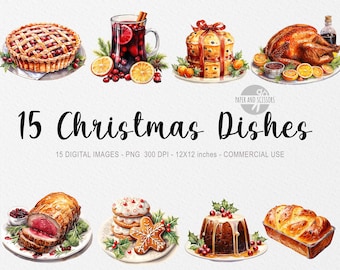 15 Christmas Dishes ClipArt, Christmas Food PNG, Watercolor Christmas Food illustration, Christmas Sweets, Dessert, Food ClipArt,Gingerbread