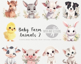 Baby Farm Animals Clipart, Baby Farm Animals PNG, Animals illustration, Animals Clipart, Nursery Wall Art, Kids Room Painting, Baby Shower