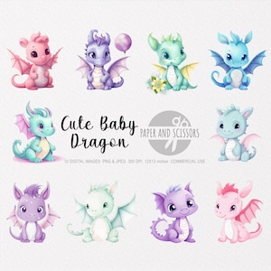 Niedliche Baby-Drache Aquarell Clipart, Baby-Drache PNG, Drache Illustration, Kinder Kunst, Kinder Wandkunst, Kinderzimmer Dekor, Baby-Dusche Clipart