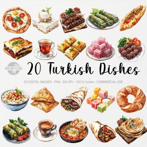 20 Turkse gerechten ClipArts, Turks eten PNG, Midden-Oosten recepten, Arabisch gerecht kookboek, aquarel keuken, baklava, döner, Borek, Sarma