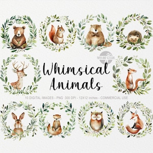 10 grillige dieren ClipArts, bosrijke kwekerij PNG, groenkrans, afdrukbare bossticker, schattige babyshower, lenteillustratie, natuur