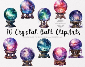 Peut inclure: Dix illustrations à l'aquarelle de boules de cristal avec des motifs de galaxies tourbillonnantes à l'intérieur. Chaque boule est sur un support doré avec des détails ornés. Les illustrations sont parfaites pour ajouter une touche de magie à vos créations.
