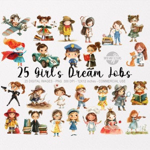ClipArt con 25 lavori per ragazza, PNG occupazioni, elementi essenziali per gli insegnanti, pacchetto di lavori, professione dell’acquerello, schede educative, schede scolastiche, download istantaneo