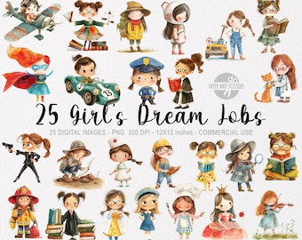 25 Girl Jobs ClipArt, Occupations PNG, Teacher Essentials, Job Bundle, Watercolor Profession, Education Cards, School Cards,Instant Download