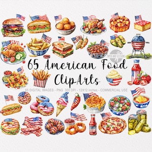 65 cliparts de cuisine américaine, 4 juillet, aquarelle, jour de l'indépendance, vacances, barbecue au Texas, stade, malbouffe, nourriture frite, téléchargement immédiat