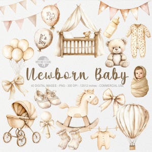 40 Bebê recém-nascido menina menino aquarela clipart, berçário PNG, ilustração de chá de bebê, festa de revelação de gênero, aniversário de bebê neutro, mãe bege triste
