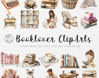 20 Booklover ClipArt, Reading Hobby, Bookworm, Books PNG, Watercolor Hobby Clipart, Student School College Clipart, Scrapbook,Journaling PNG
