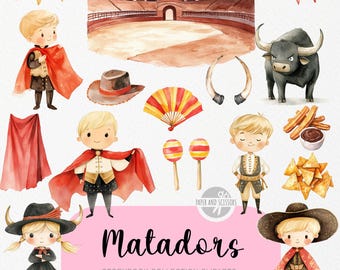 30 Süßer Matador ClipArt, Aquarell, Torero Kinderzimmer, Spanien, Geburtstagsfeier-Einladung & Dekoration, sofortiger Download, kommerzielle Lizenz