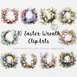 10 cliparts de couronne de Pâques, oeuf PNG, illustration de printemps, aquarelle de fleurs, guirlande florale, coquette jardin, vendredi saint, invitation de carte, mignon