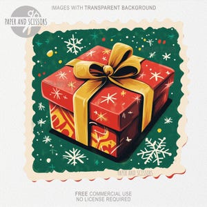 May include: A red gift box with a gold bow, decorated with white snowflakes and stars. The box is set against a green background with a decorative border. The image includes the text "PAPER AND SCISSORS".