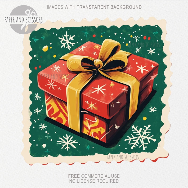 May include: A red gift box with a gold bow, decorated with white snowflakes and stars. The box is set against a green background with a decorative border. The image includes the text "PAPER AND SCISSORS".