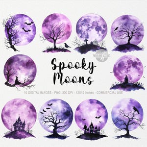 10 Spooky Moon ClipArt, Full Moon PNG, Halloween Decor, Celestial, Creepy Night,Watercolor Illustration,Commercial License,Instant Download