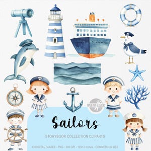 40 kleine Sailor ClipArts, Insel PNG, Marine Nautik, Aquarell Boot Schiff, Kinderzimmer Illustration, Jungenzimmer, niedliche Illustration, Küste