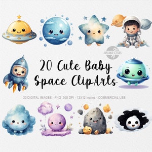 Lindo bebé espacio clipart, acuarela espacial, lindo astronauta, arte infantil, arte de la pared de los niños, decoración de la guardería, planetas clipart, cohetes PNG, espacio