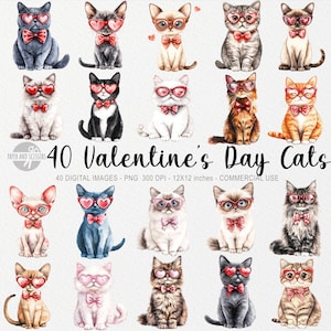 40 cliparts de chat de la Saint-Valentin, clipart aquarelle, amour de chat PNG, cadeau pour propriétaire de chien, carte de fête bricolage pour animaux de compagnie, illustration de chien en téléchargement numérique