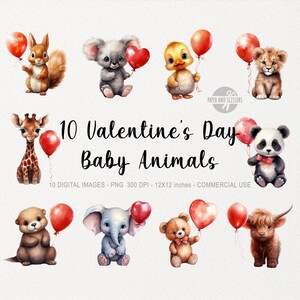 10 Valentinstag Baby Tiere ClipArt, Ballon PNG, Tierillustration, Kinderzimmer, Romantische Tiere, Baby Valentinstag, niedliches Tier