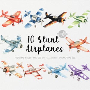 10 cliparts avion acrobatique, PNG à réaction, aquarelle mignonne, petit aviateur, pilote, transport aérien, baby shower, sublimation, décoration de chambre d'enfant