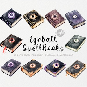 Op de afbeelding: Waterverfillustraties van spreukenboeken met oogontwerpen. De boeken zijn in verschillende kleuren, waaronder zwart, paars en bruin, met gouden accenten. De tekst "Eyeball SpellBooks" wordt weergegeven.