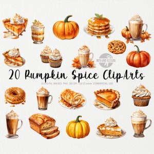 20 Watercolor Pumpkin Spice Food Clipart, Halloween, Thanksgiving PNG, Autumn & Fall illustrations, Pumpkin Spice Drink PNG, Pumpkin Sweets