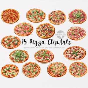 May include: Fifteen digital illustrations of various pizzas with different toppings, including pepperoni, sausage, mushrooms, olives, and vegetables. The pizzas are on a white background.