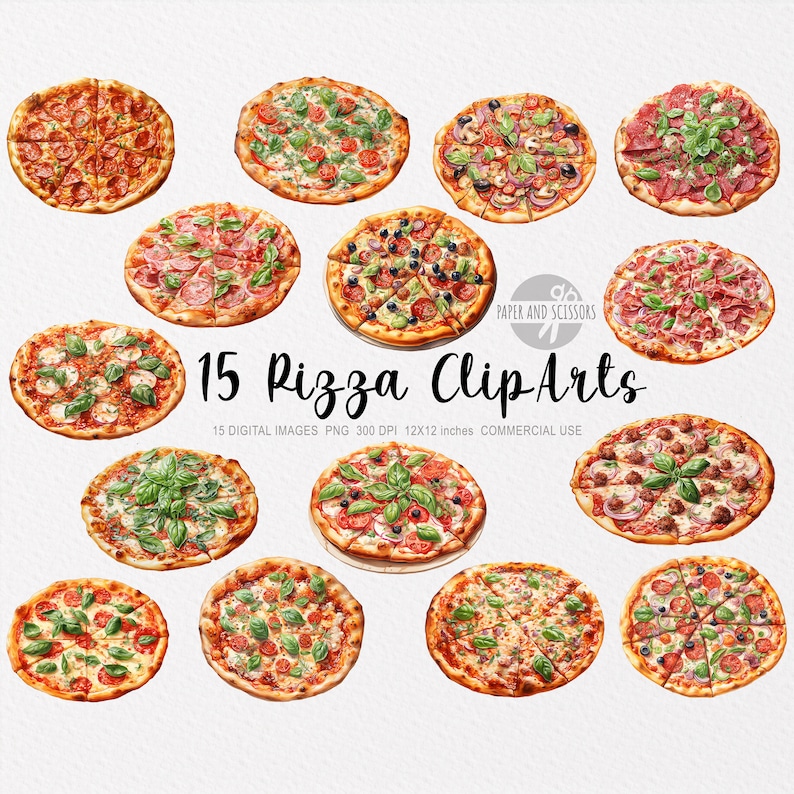 May include: Fifteen digital illustrations of various pizzas with different toppings, including pepperoni, sausage, mushrooms, olives, and vegetables. The pizzas are on a white background.