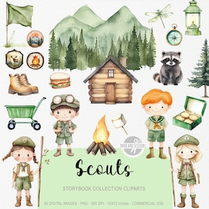 May include: Watercolor illustration of a collection of camping and scouting themed clip art. Includes a cabin, scouts, a raccoon, a compass, a lantern, a campfire, and the word "Scouts".