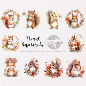Clipart d’écureuils floraux, écureuils floraux PNG, illustration d’écureuils floraux, aquarelle d’écureuils floraux, commercial, art mural de pépinière