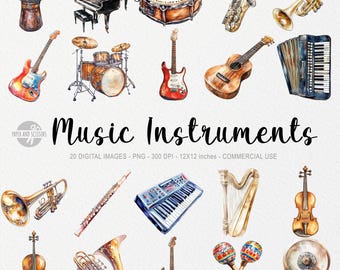 May include: A set of 20 watercolour illustrations of various musical instruments, including a drum kit, a guitar, a trumpet, a piano, a harp, a violin, a ukulele, a tambourine, a banjo, a flute, a keyboard, a gong, a set of maracas, a bongo drum, an accordion, a french horn, and a set of bongos. The illustrations are in a vintage style and are perfect for use in scrapbooking, card making, or other craft projects.