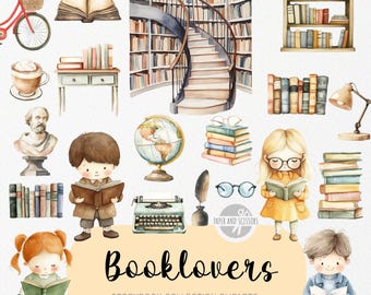 30 niedliche Buchliebhaber ClipArt, Aquarell Märchenbuch, Lese Kinderzimmer, Bibliothek Geburtstagsfeier einladen & Dekor, sofortiger Download kommerzielle Lizenz