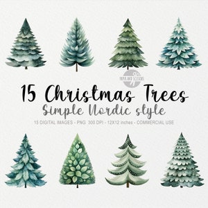 15 ClipArt dell'albero di Natale, PNG dell'albero di Natale, Illustrazione dell'albero di pino ad acquerello, Pacchetto di Natale, Clipart invernale, Albero nordico delle vacanze PNG