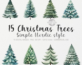 15 Christmas Tree ClipArt, Christmas Tree PNG, Watercolor Pine Tree illustration, Christmas Bundle, Winter Clipart, Holiday Nordic Tree PNG