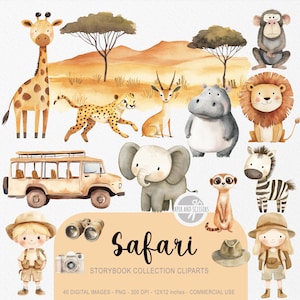 40 Süße Safari ClipArts, Aquarell PNG, Kinderzimmer Baby Tier, Baby-Dusche-Dekor, Scrapbooking, Geburtstag einladen, Dschungel Entdecker, Wildes Afrika