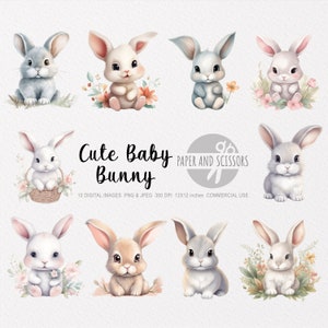 Clipart de coelho de bebê fofo, PNG de coelho de bebê, ilustração de coelho, arte infantil, arte de parede infantil, decoração de berçário, clipart de chá de bebê, coelho fofo
