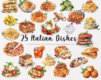 May include: A collection of 25 watercolor illustrations of Italian dishes, including pizza, pasta, lasagna, and desserts. The illustrations are in a realistic style and are perfect for use in food-related projects.