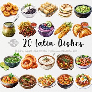 20 ClipArts de pratos latinos, comida latino-americana, receita de aquarela mexicana, livro de receitas, guacamole, ilustração de açaí, empanada, mole, sopes, erva