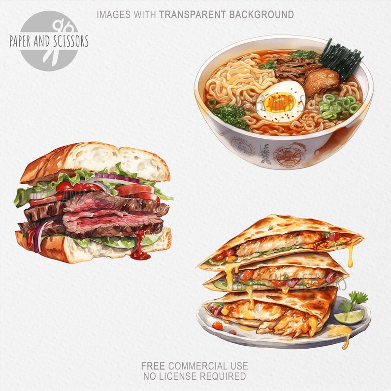 May include: A watercolour illustration of three different food items: a sandwich with meat and vegetables, a bowl of ramen noodles with an egg and spring onions, and a stack of quesadillas with melted cheese and a lime wedge.