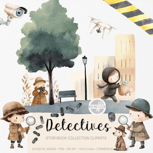 40 adorables imágenes prediseñadas de detectives, cuentos de acuarela, guardería para niños, pequeño espía, decoración para invitaciones a fiestas de cumpleaños, descarga instantánea, licencia comercial